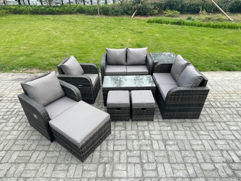 Image of Fimous 9 Seater Rattan Garden Furniture Set Outdoor Patio Sofa, Table and Chairs Coffee Table 3 Footstools Ideal for Pool Side, Balcony, Outdoor Set D