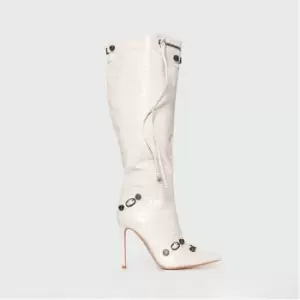 Image of I Saw It First Metal Stud Detail Knee High Pointed Toe Boots - Nude