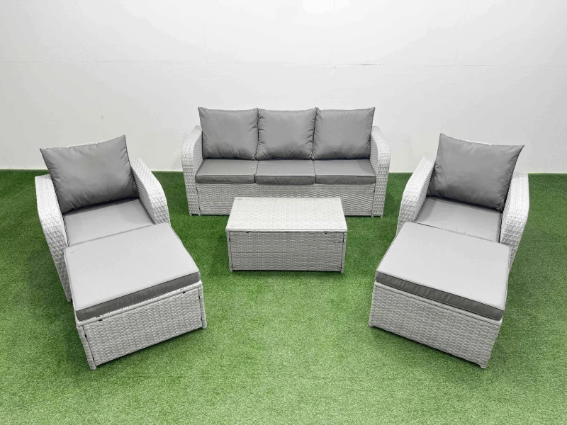 Image of Fimous PE Rattan Garden Furniture Set Reclining Chair Sofa Lounge Sofa Set Oblong Coffee Table 2 Big Footstool Light Grey Light Grey