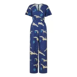 Image of Yumi Navy Crane Print Angel Sleeve Jumpsuit - Blue