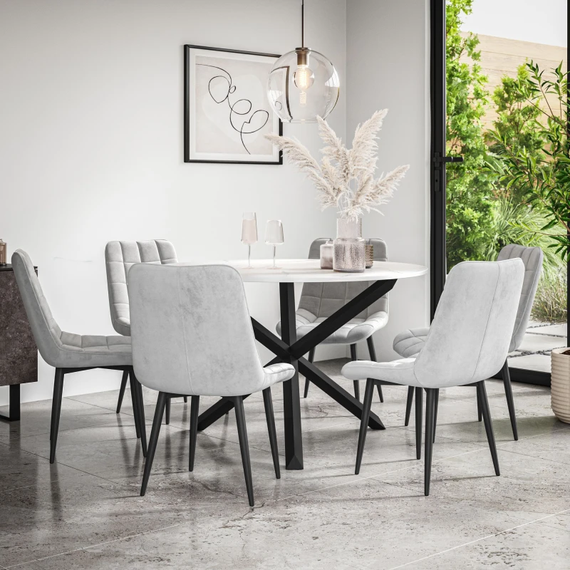 Image of More4Homes Malvern Round Dining Table And Chairs - Marble Table Top W Solid Black Oak Legs + Nova Velvet Dining Chair Set Of 6 (Grey)