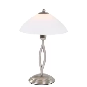 Image of Capric Table Lamp with Round Tapered Shade Steel Brushed, Glass Opal Matt