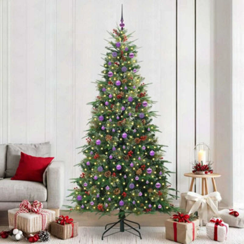 Image of vidaXL Artificial Hinged Christmas Tree with Lilac Balls Green 240cm PE and PVC, Green 3397451