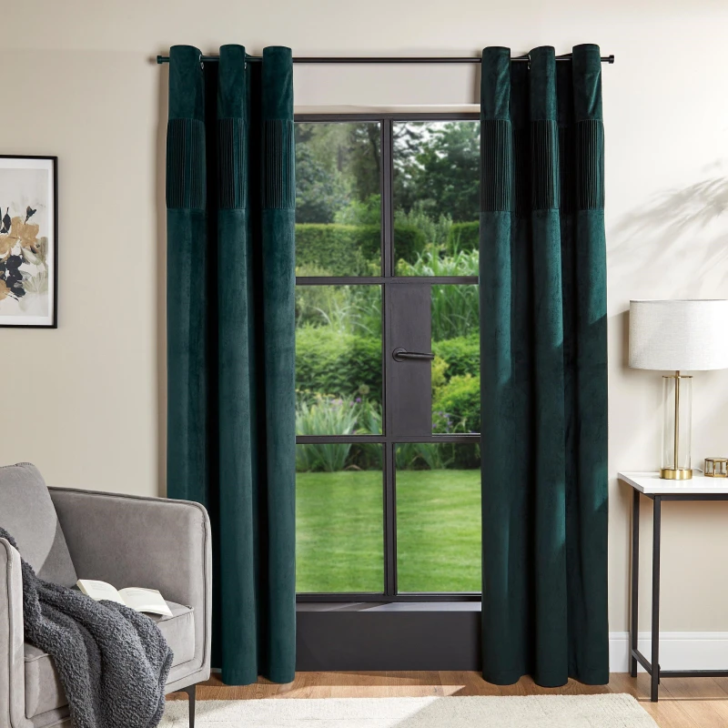 Image of Homelife Velvet Top Boarder Panel Curtains - Green Green One Size
