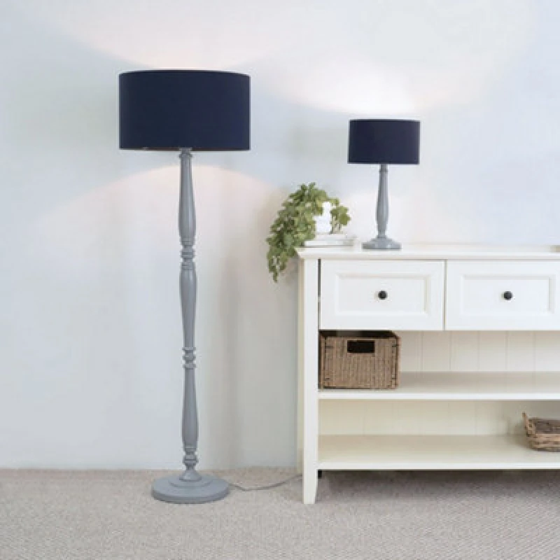 Image of ValueLights Victoria Grey Wood Traditional Table Lamp with Fabric Drum Shade Navy