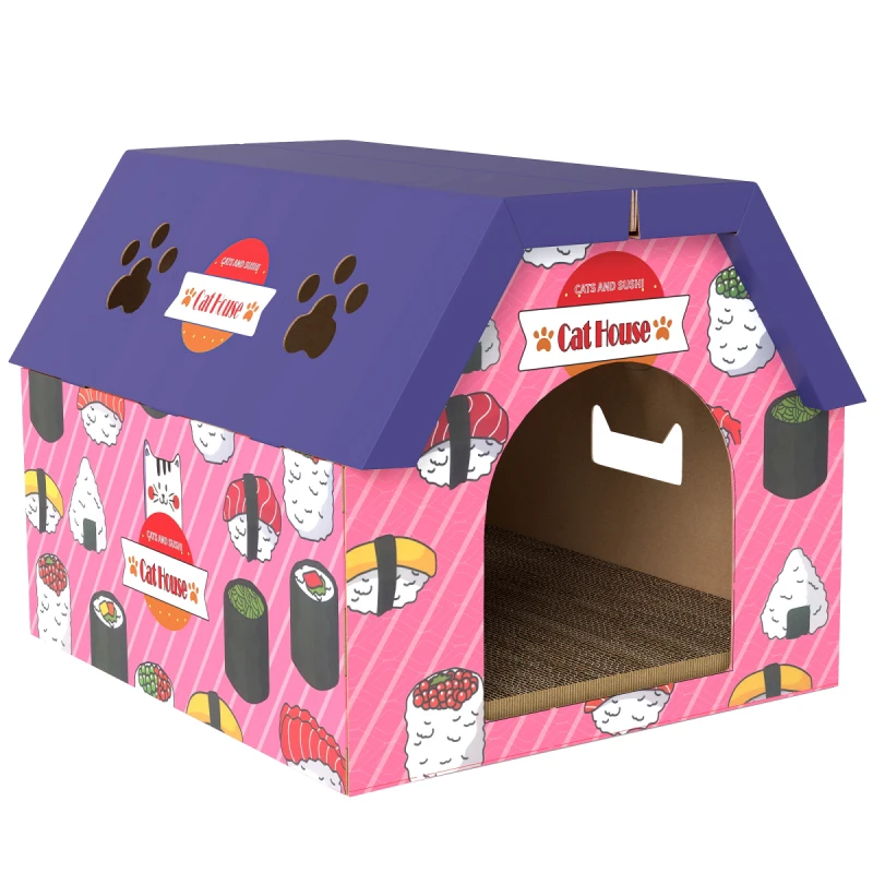 Image of PawHut 2-in-1 Cat Scratching Board House with 4 Paw-Shaped Vents, Pink D30-894V00PK