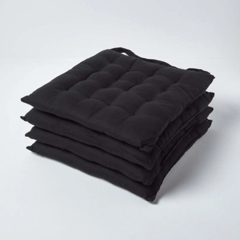 Image of Homescapes Plain Seat Pad with Button Straps, 40 x 40cm, Set of 4 Black