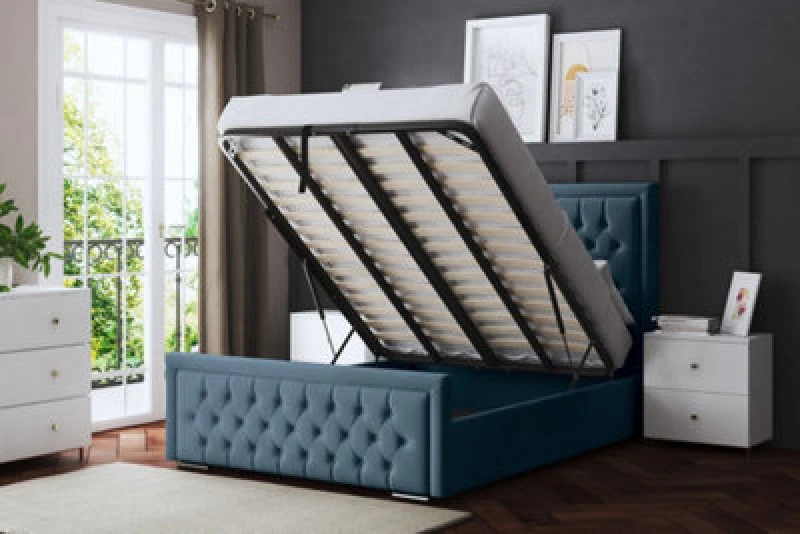 Image of DS LIVING Allegra Blue Upholstered Bed With Ottoman Metal Gas Lift Single AM_HILTONOB_SIN_BLU