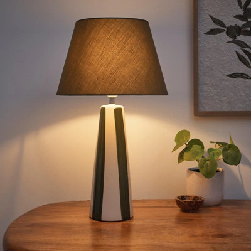 Image of K Living Tall Ceramic Striped Table Lamps With Painted Green Stripes And Matching Lampshades