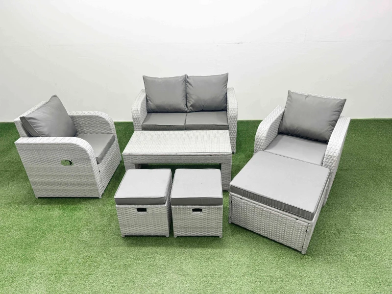 Image of Fimous Light Grey PE Wicker Rattan Garden Furniture Set Sofa Set Reclining Adjustable Chair Oblong Coffee Table 7 Seater 3 Stools Light Grey