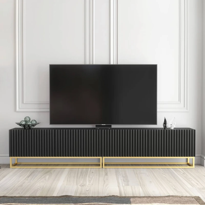Image of Creative Furniture Ripple Duo TV Unit 200cm - Modern Fluted Design with Push to Open Doors in Black Unisex