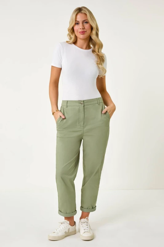 Image of Roman Womens Petite Cotton Blend Stretch Chino Trousers in Khaki Size: 16 Khaki Female 16