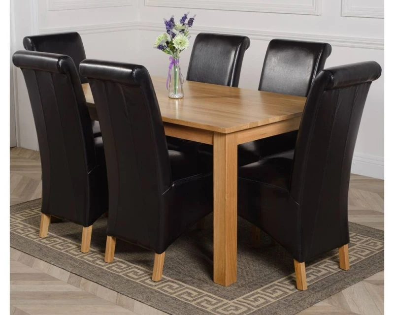 Image of Thats Furniture Oslo 150 x 90cm Medium Oak Dining Table & 6 Montana Leather Chairs in Black Unisex 150 x 90 cm