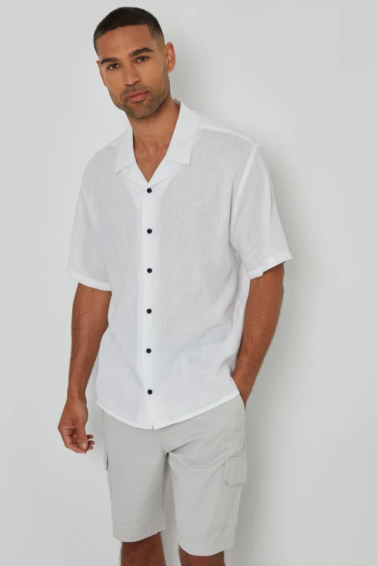 Image of Threadbare Linen Blend Revere Collar Short Sleeve Shirt - White White L