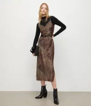 Image of AllSaints Womens Tiana Halftone Slip Dress, Khaki/Brown, Size: 6