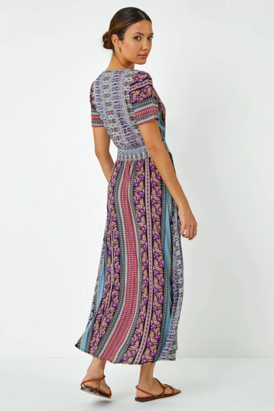 Image of Roman Floral Print Fit and Flare Maxi Dress Purple female
