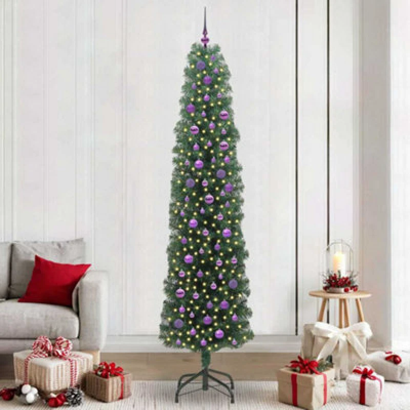 Image of vidaXL Artificial Christmas Tree with 300 LEDs, Lilac Balls with Stand Green 240 x 61 cm, Green 3394975