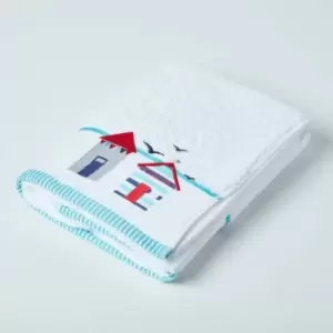 Image of Homescapes - White and Blue Beach Bath Towel - White