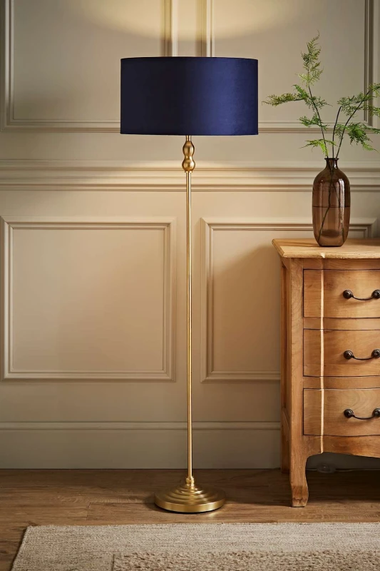 Image of ValueLights Maggie Gold Candlestick Floor Lamp with Velvet Lamp Shade Navy