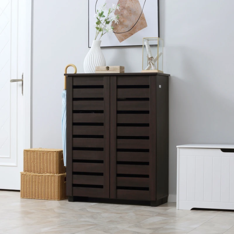Image of HOMCOM Shoe Storage Cabinet with Slatted Doors for 15 Pairs of Shoes Brown, Brown 837-260V00DR