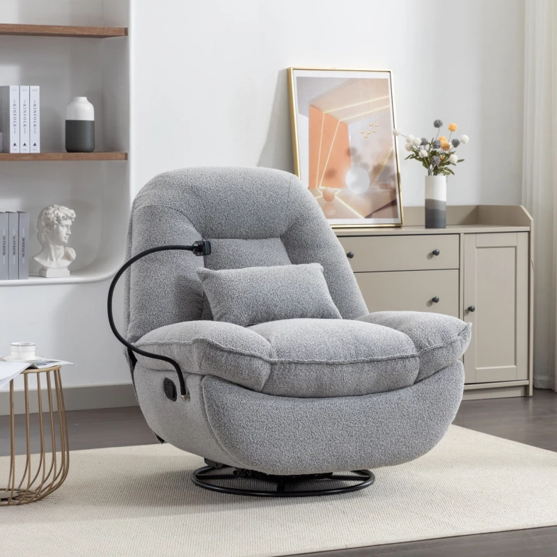 Image of Artemis Home Fallon Boucle Fabric Swivel Based Recliner Chair Phone Holder in Light Grey Light Grey Unisex