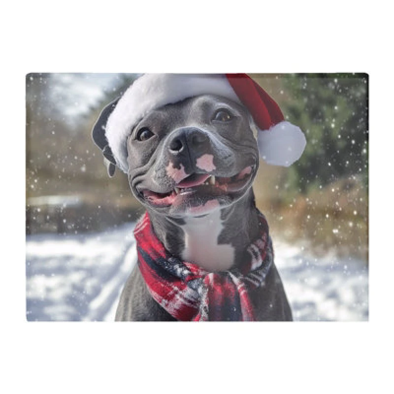 Image of Warren Reed Designer Snowy Christmas Staffordshire Bull Terrier Dog Glass Chopping Board