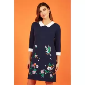 Image of Yumi Navy Floral Embroidered Knitted Dress - Blue