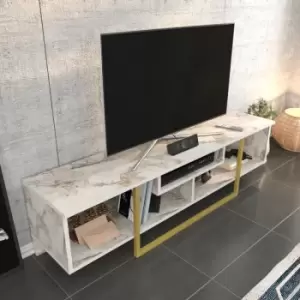 Image of Decorotika - Asal 150 Cm Wide Modern tv Unit , industrial Metal tv Stand -Open Shelf Lowboard Up To 63 TVs Ephesus Gold