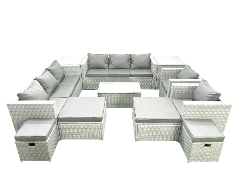 Image of Fimous 11 Pieces Rattan Garden Furniture Set Outdoor Garden Sofa Chair Coffee Table Set with 4 Footstools 2 Side Tables Light Grey Mixed Light Grey