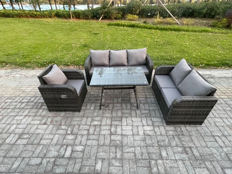 Image of Fimous Outdoor Rattan Garden Furniture Set 7 Seater Patio Lounge Sofa Set with Dining Table Dark Grey Mixed Dark Grey