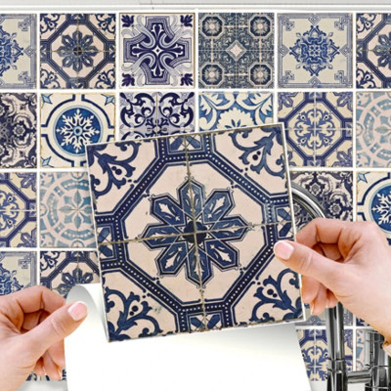 Image of Walplus Malaga Spanish Blue Wall Tile Sticker Set - 15 X 15cm (6 X 6 In) - 24 Pcs Blue WZ8JG Unisex
