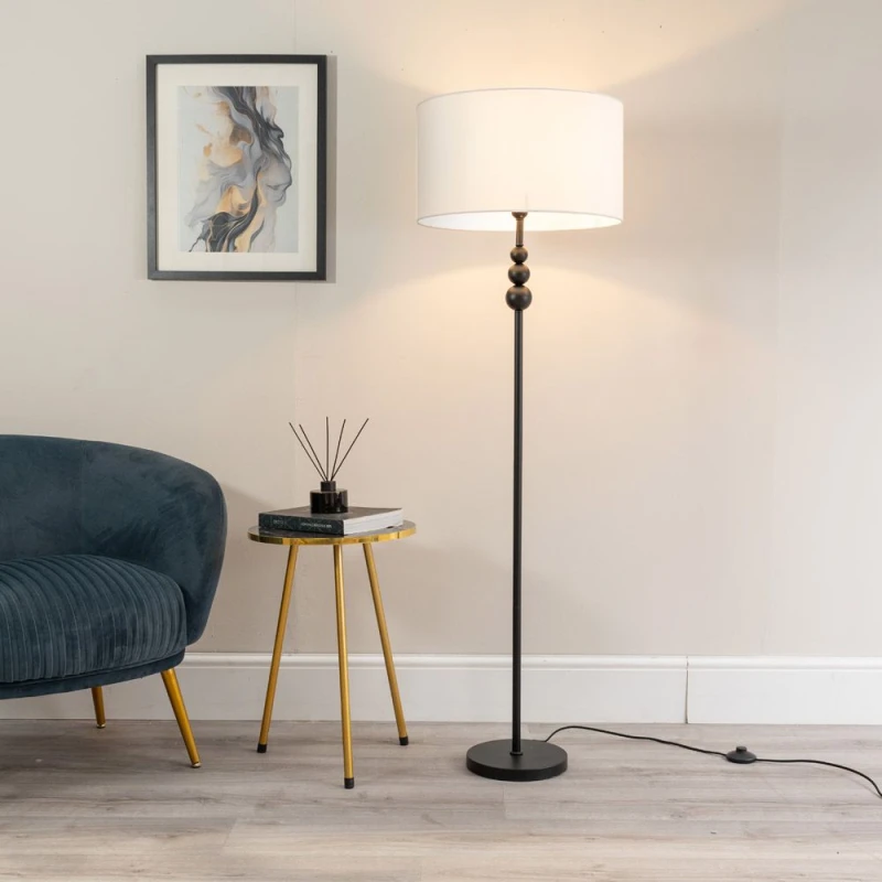 Image of ValueLights Marissa Fabric Drum Shade with Black Stacked Ball Floor Lamp White