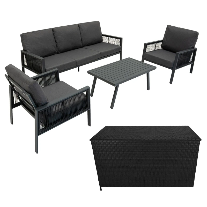 Image of Monstershop Aluminium 4 Piece Sofa Set with Black Rattan Storage Box - Anthracite in Grey Grey Unisex
