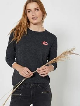 Image of Mint Velvet Lips Crew Neck Jumper - Dark Grey, Size XS, Women