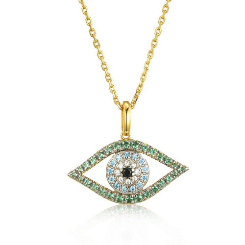 Image of Jewelco London Gold-plated Silver Green Blue Black CZ Anti Evil Eye Necklace - ANC081 Gold female