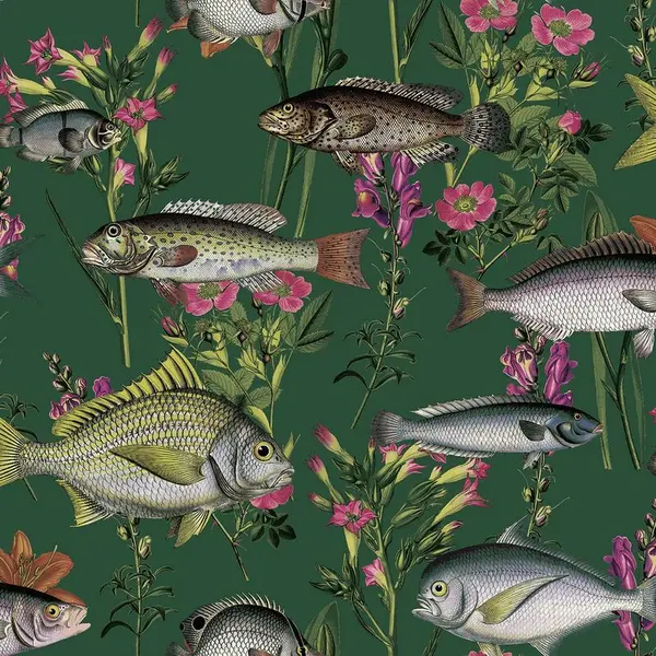 Image of HOLDEN Holden - Green Lagoon Wallpaper Decor Fish Carp Floral Pink Orange WL-13060