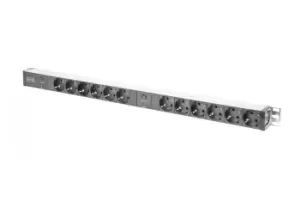 Image of aluminum outlet strip with overload protection, 12 safety outlets, 2 x 2m supply safety plug