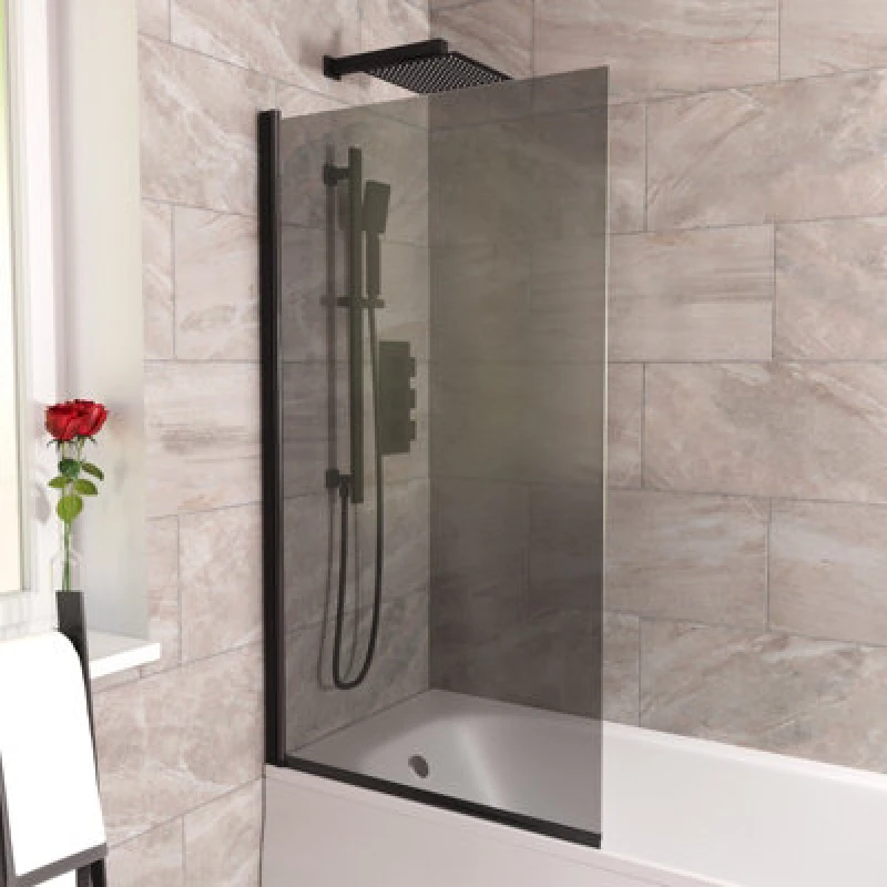 Image of Nes Home 800mm Square Bath Screen Matt Black Profile Grey Tinted Glass Reversible Black