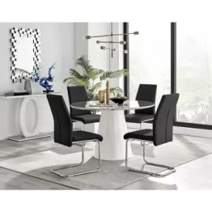 Image of Furniturebox Palma White Marble Effect 120cm Round Minimalist Dining Table & 4 Black Lorenzo Silver Leg Faux Leather Chairs