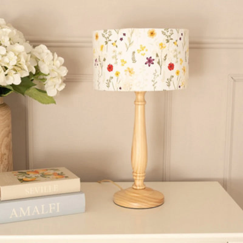 Image of ValueLights Victoria Light Wood Candlestick Table Lamp with Floral Embroidered Drum Shade Natural