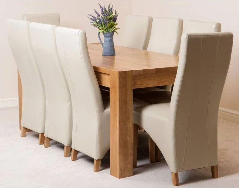 Image of Thats Furniture Kuba 180 x 90cm Chunky Oak Dining Table & 8 Lola Leather Chairs in Cream Cream Unisex 180 x 90 cm