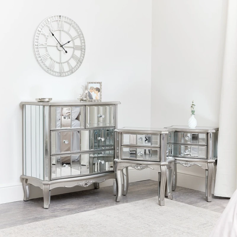 Image of Melody Maison Bedroom Furniture, Silver Mirrored Chest Of Drawers & Pair Of Bedside Tables - Tiffany Range Metallic Silver