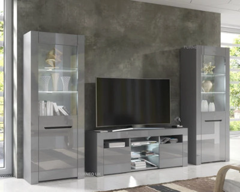 Image of Furneo High Gloss & Matt Grey Living Room Set TV Stand Display Cabinets Milanog White LED Lights