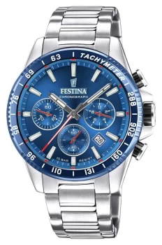 Image of Festina F20561-2 Mens Blue Dial And Leather Strap Wristwatch Colour - Silver Tone