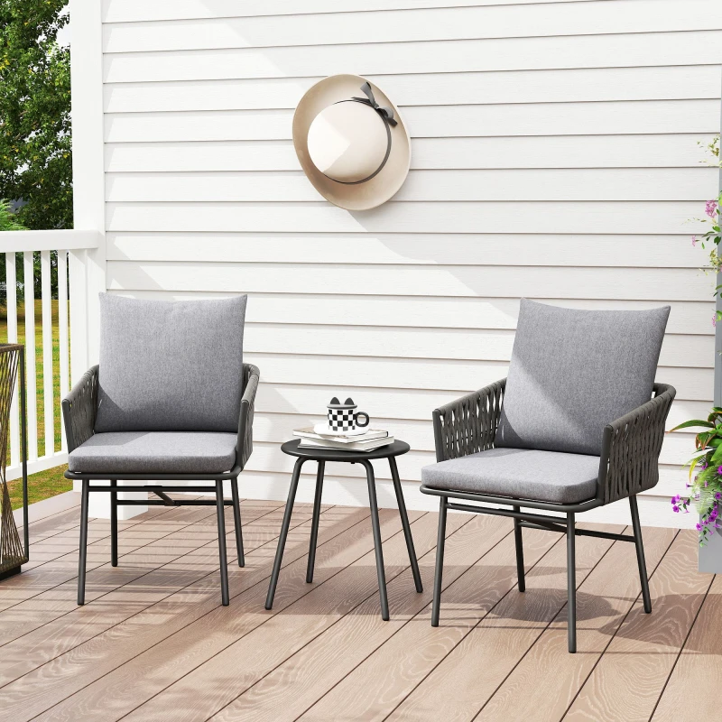 Image of OUTSUNNY Rattan Bistro Set, Balcony Table & Chairs with 4 Cushions, Grey Size: 2 Seater Grey Unisex 2 Seater