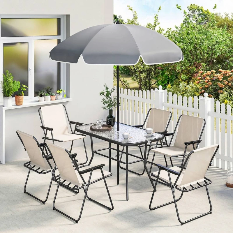 Image of OUTSUNNY 8 Piece Garden Dining Set with 6 Folding Chairs & Umbrella in Cream Cream Unisex