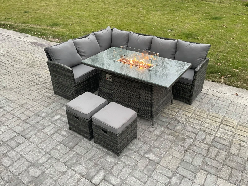 Image of Fimous Rattan Garden Furniture High Back Corner Sofa Gas Fire Pit Dining Table Sets Gas Heater with 2 Small Footstools 8 Seater Dark Grey