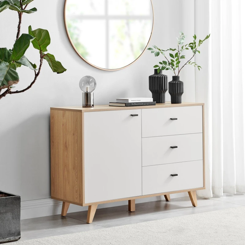 Image of FurnitureboxUK FurnitureboxUK Bisset Off-White & Wood Effect Storage Sideboard in Off White Size: Small Off White Small Unisex 5060661188153