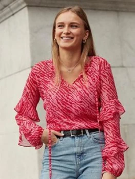 Image of Wallis Zebra Ruffle Sleeve Top - Pink, Bright Pink, Size 8, Women