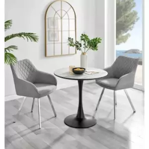 Image of Furniture Box Elina White Marble Effect Round Dining Table and 2 Light Grey Falun Silver Leg Chairs